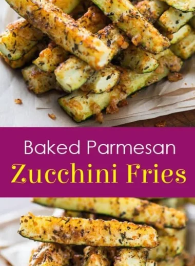 Baked Parmesan Zucchini Fries served on a plate with a dipping sauce