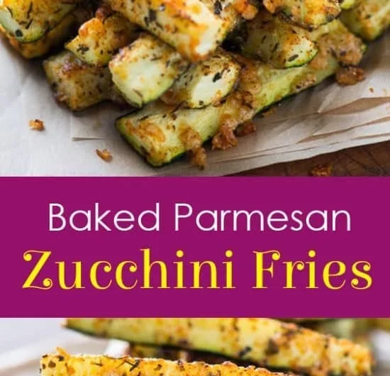 Baked Parmesan Zucchini Fries served on a plate with a dipping sauce
