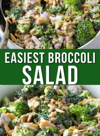 Bowl of broccoli salad with bacon chunks and cheddar cheese