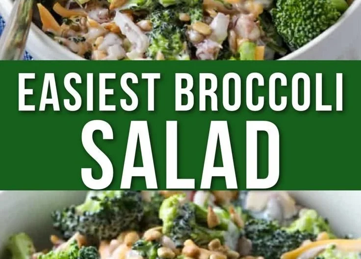 Bowl of broccoli salad with bacon chunks and cheddar cheese