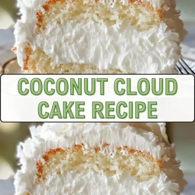 Delicious slice of Coconut Cloud Cake topped with shredded coconut and whipped cream.