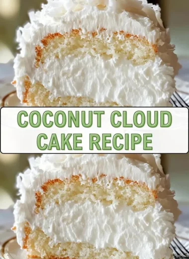 Delicious slice of Coconut Cloud Cake topped with shredded coconut and whipped cream.