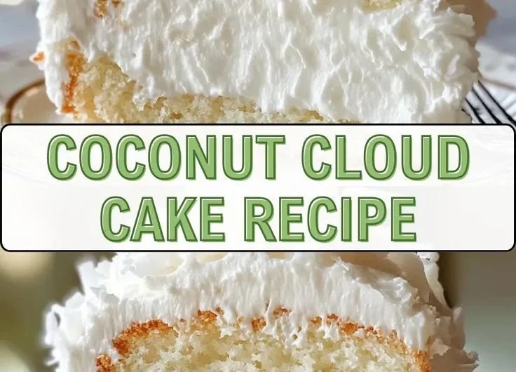 Delicious slice of Coconut Cloud Cake topped with shredded coconut and whipped cream.