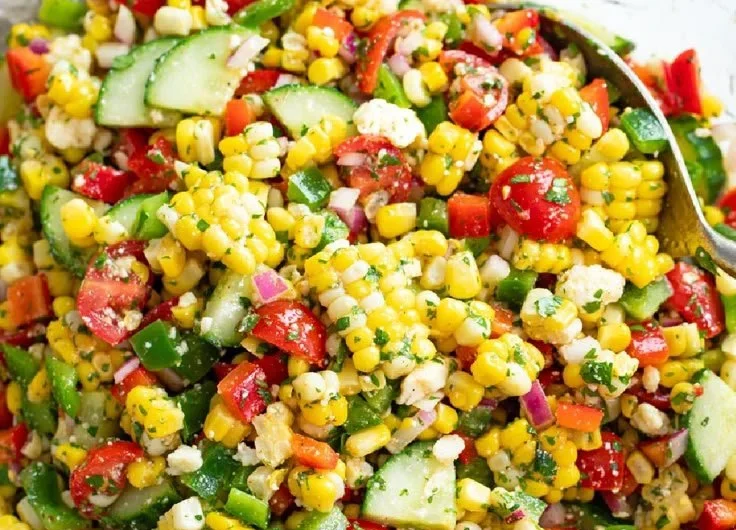 Colorful corn salad with fresh vegetables and herbs