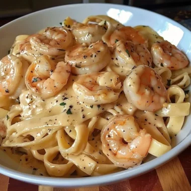 Creamy shrimp fettuccine pasta served with homemade Alfredo sauce