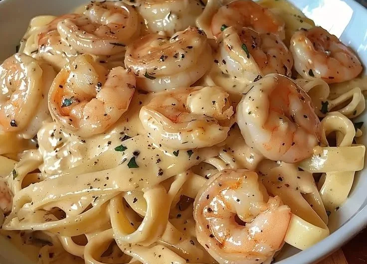 Creamy shrimp fettuccine pasta served with homemade Alfredo sauce