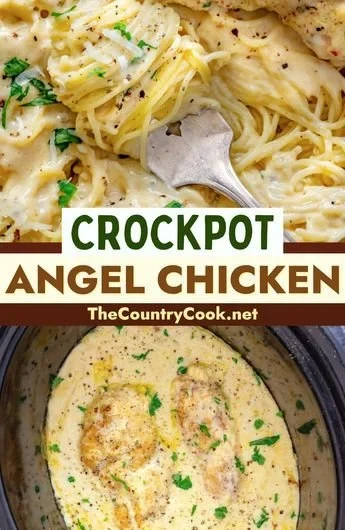 Delicious Crock Pot Angel Chicken served with rice and vegetables