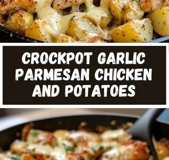 Garlic Parmesan Chicken with potatoes in a skillet, a delicious dinner recipe.
