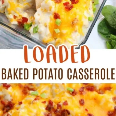 Delicious loaded baked potato casserole topped with cheese and bacon.