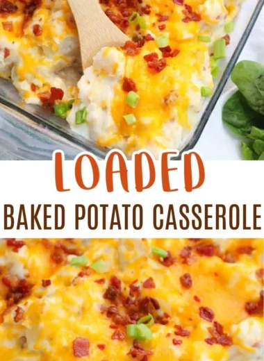 Delicious loaded baked potato casserole topped with cheese and bacon.