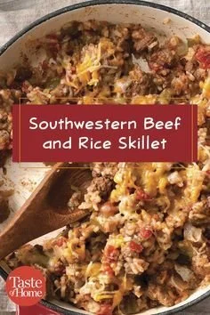 Loaded Beef and Rice Skillet garnished with fresh herbs, served in a pan.