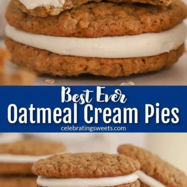 Delicious Oatmeal Cream Pies with creamy filling between two soft oatmeal cookies.