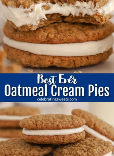 Delicious Oatmeal Cream Pies with creamy filling between two soft oatmeal cookies.
