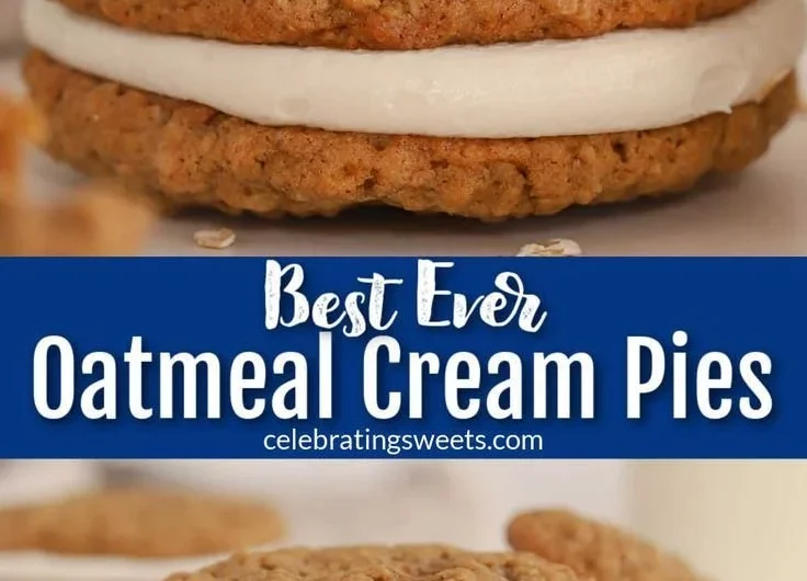 Delicious Oatmeal Cream Pies with creamy filling between two soft oatmeal cookies.