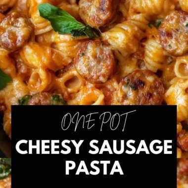One pot cheesy sausage pasta served in a bowl, garnished with parsley.