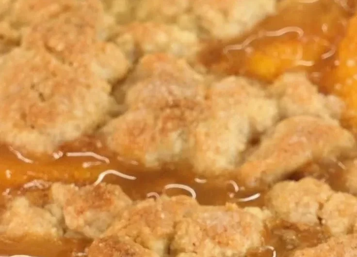 Delicious peach cobbler served in a rustic dish with fresh peaches and creamy topping.