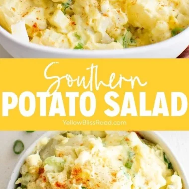 Creamy Southern potato salad served in a bowl with fresh herbs and spices.