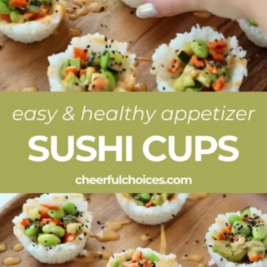 Colorful sushi cups served with wasabi and soy sauce, a creative dish.