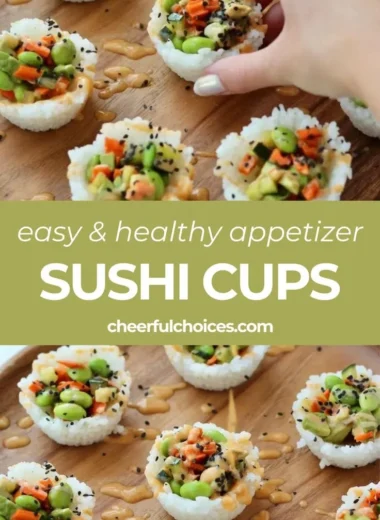 Colorful sushi cups served with wasabi and soy sauce, a creative dish.