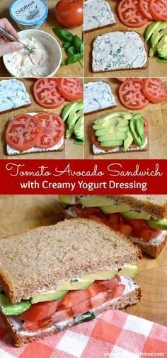 Freshly made tomato avocado sandwich served on whole-grain bread