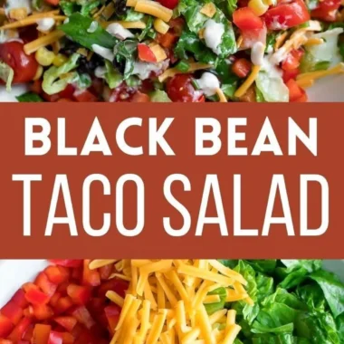 Vegetarian black bean taco salad with fresh veggies and toppings.