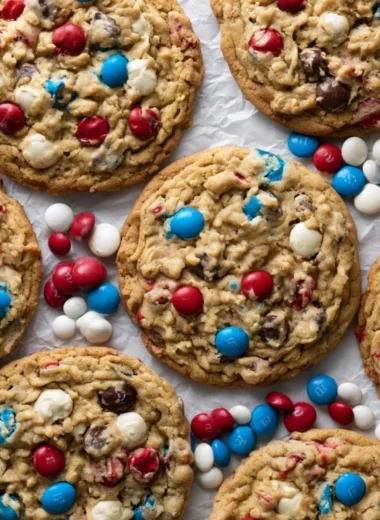 4th of July themed Monster Cookies with red, white, and blue sprinkles