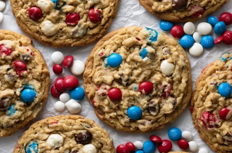 4th of July themed Monster Cookies with red, white, and blue sprinkles
