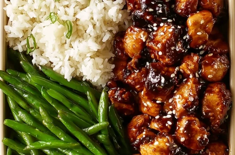 High protein Asian sesame chicken dish with sesame seeds and vegetables