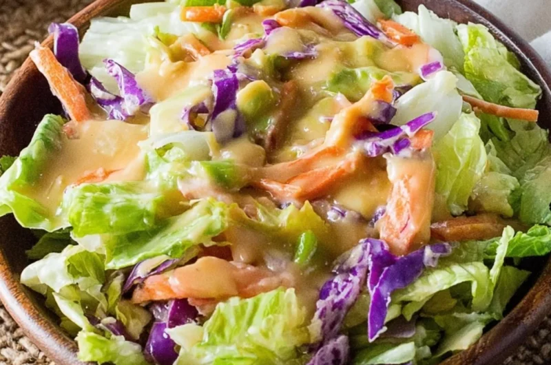 Homemade Benihana ginger salad dressing served over a fresh salad