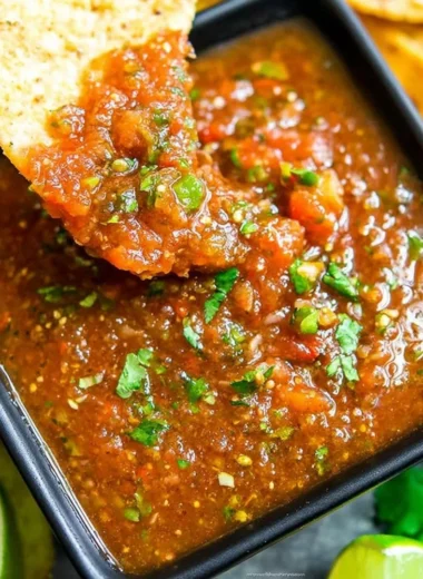 Freshly made Blender Salsa in a bowl surrounded by ingredients.