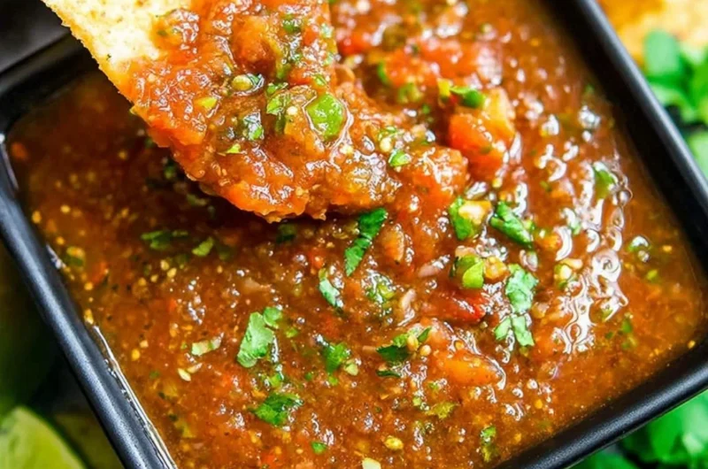 Freshly made Blender Salsa in a bowl surrounded by ingredients.