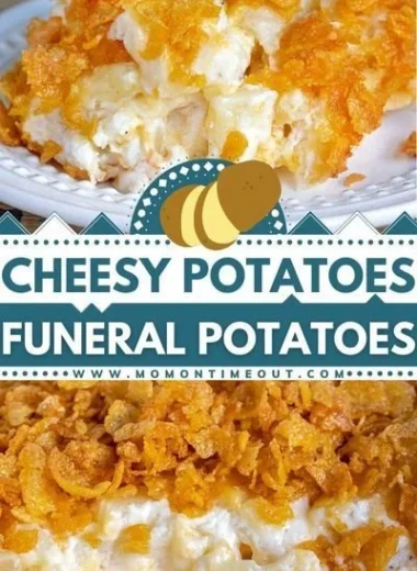Delicious cheesy potatoes, also known as Funeral Potatoes, baked to perfection.