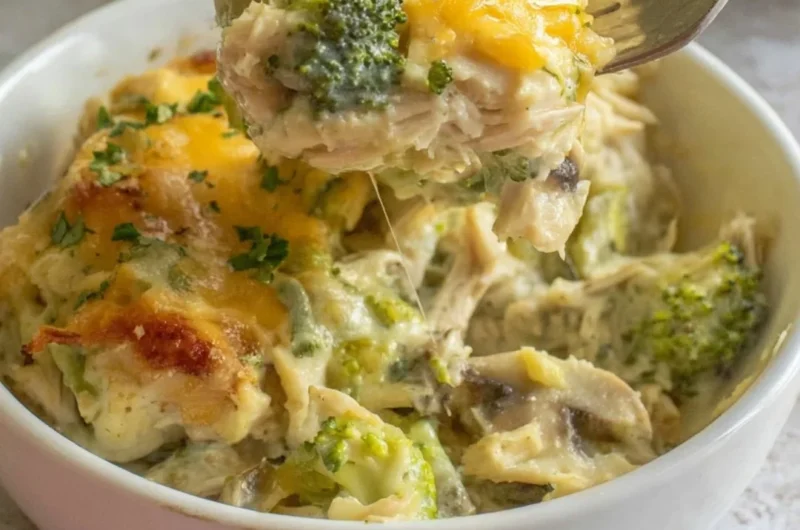 Cheesy Turkey and Broccoli Casserole served in a dish