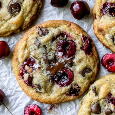Homemade Cherry Chocolate Chip Cookies with fresh cherries and chocolate chips