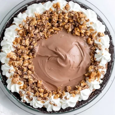 Chocolate Heath Pie dessert with chocolate layers and Heath bar toppings