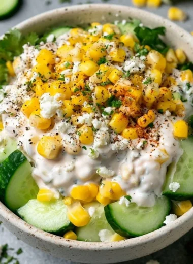 Creamy corn cucumber salad with fresh ingredients in a bowl