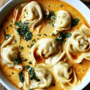 Bowl of creamy Thai dumpling soup with vibrant herbs and fresh dumplings
