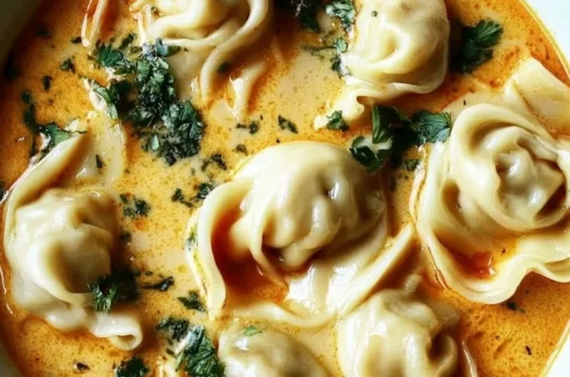 Bowl of creamy Thai dumpling soup with vibrant herbs and fresh dumplings