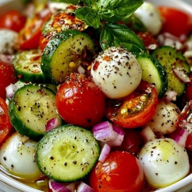 Cucumber Caprese Salad with fresh mozzarella and basil on a plate