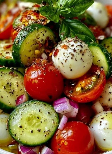 Cucumber Caprese Salad with fresh mozzarella and basil on a plate