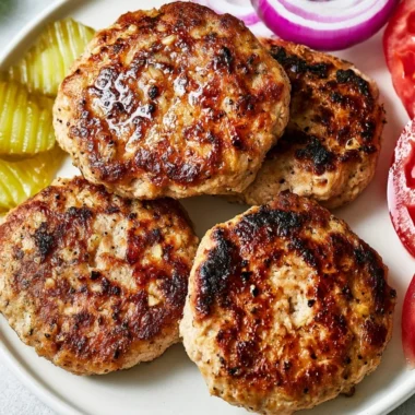 A plate of easy healthy turkey burgers garnished with fresh vegetables