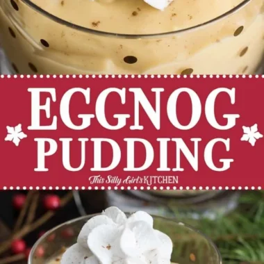 Delicious homemade eggnog pudding topped with whipped cream and nutmeg.