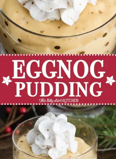 Delicious homemade eggnog pudding topped with whipped cream and nutmeg.