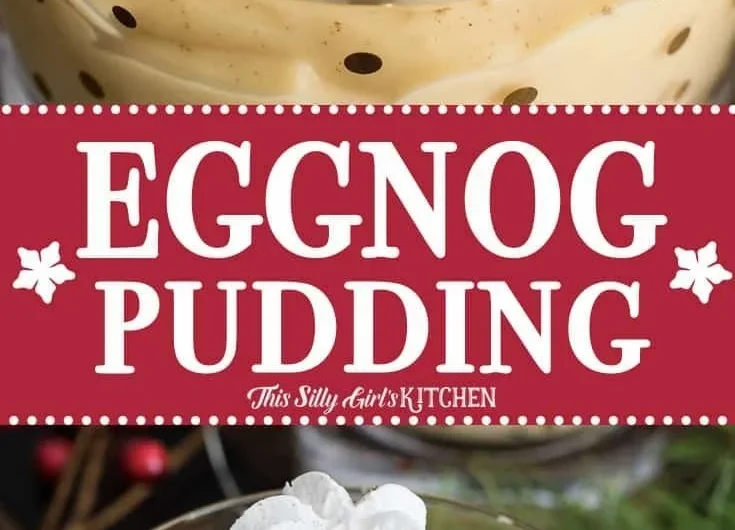Delicious homemade eggnog pudding topped with whipped cream and nutmeg.