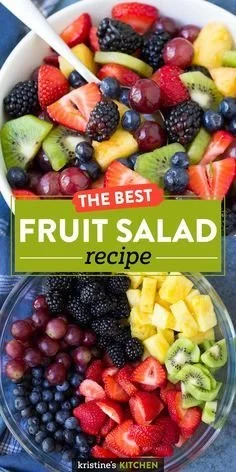 Colorful fruit salad with honey lime dressing featuring a mix of fresh berries