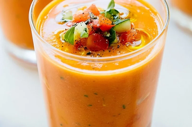 Bowl of refreshing homemade gazpacho with fresh vegetables and herbs