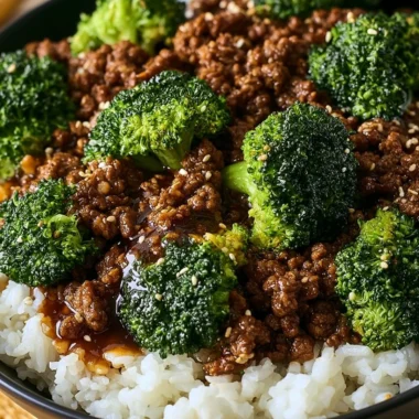 Delicious ground beef and broccoli dish on a plate, garnished with sesame seeds.