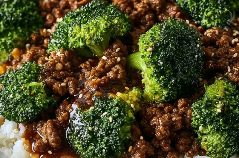 Delicious ground beef and broccoli dish on a plate, garnished with sesame seeds.