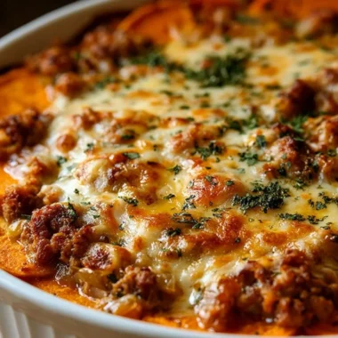 Ground turkey sweet potato bake served in a dish with fresh herbs on top