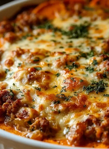 Ground turkey sweet potato bake served in a dish with fresh herbs on top